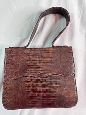 Vintage Genuine Lizard Skin Top Handle Handbag Brown Accordion Purse 1950s 60s